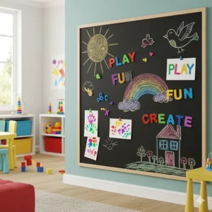 A large magnetic chalkboard with colorful chalk drawings and alphabet magnets in a vibrant kids' playroom.