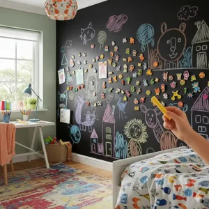 A child's bedroom featuring a large magnetic chalkboard for drawing and attaching colorful magnets.