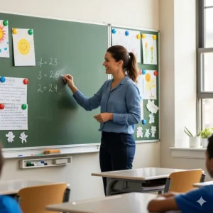 A teacher writing on a large magnetic chalkboard in a classroom with student work displayed using magnets.