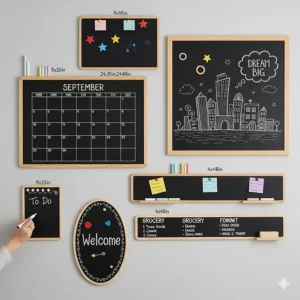An image showing different sizes and shapes of magnetic chalkboards, from small personal planners to large wall-mounted boards.