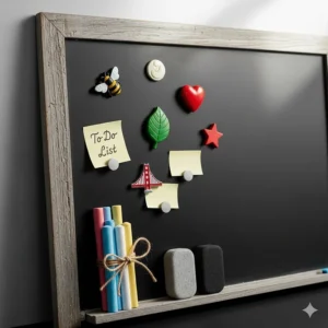 A bundle of a large magnetic chalkboard with a variety of chalk, erasers, and decorative magnets.