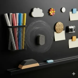 A close-up of a magnetic chalkboard displaying various accessories, including chalk pens, erasers, and decorative magnets.