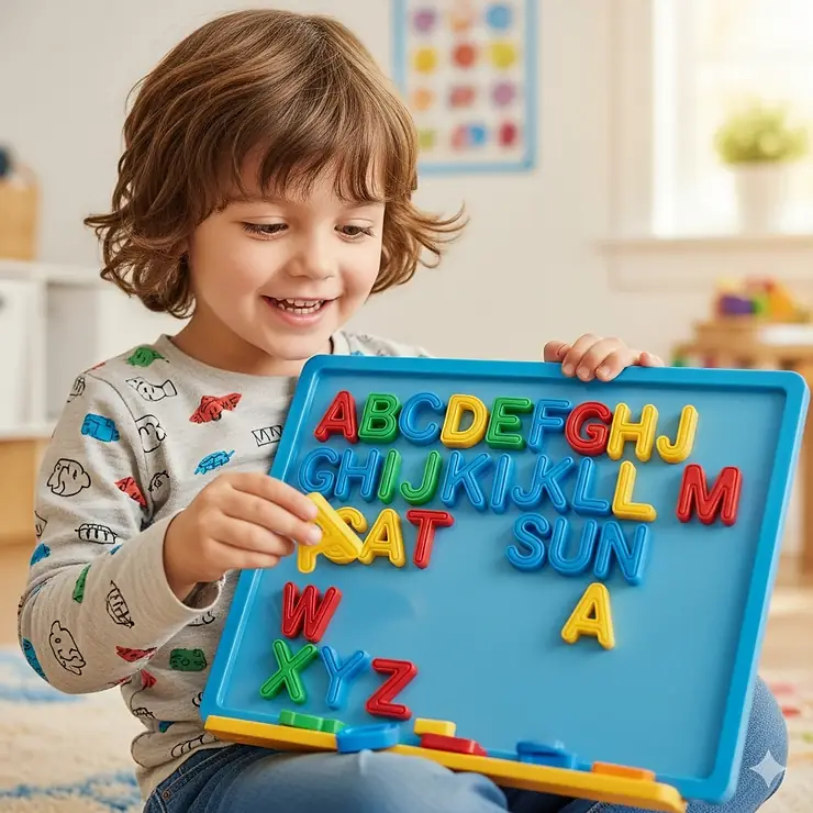 A happy child playing with a magnetic board and colorful alphabet letters, ideal for early learning. magnetic childrens board