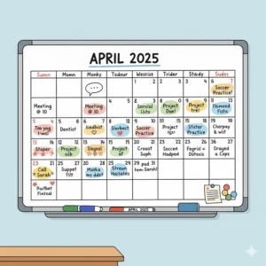 A close-up shot of a 36x48 inch dry erase board, with a weekly calendar drawn on it, showing notes and appointments written in different colored markers.