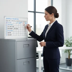A professional using a portable magnetic dry-erase board sheet on a filing cabinet to organize tasks in an office setting.