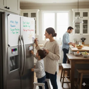 A family-friendly kitchen scene with a magnetic dry-erase board on the refrigerator, used for a shopping list and important reminders.