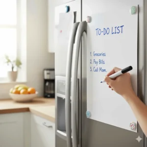 A close-up shot of a magnetic marker board sheet stuck to a refrigerator, with a person writing a to-do list with a dry-erase marker. This image highlights the product's convenience and everyday use.