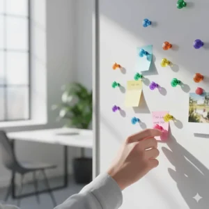 A handful of magnetic push pins in bright colors on a whiteboard, functioning as a stylish alternative to traditional tacks.
