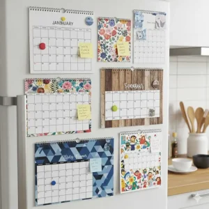 A display of various magnetic calendars in different colors and aesthetic designs to match various kitchen decors.