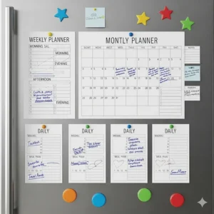 An arrangement of different sizes and layouts of magnetic calendars, including weekly, monthly, and daily planners, all designed for refrigerators.