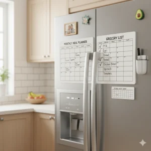 A two-in-one magnetic calendar and shopping list on a fridge, helping families plan their meals and keep track of groceries they need to buy.