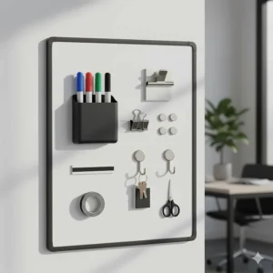 An assortment of magnetic accessories, including clips, hooks, and a magnetic marker holder, arranged on a dry erase board.