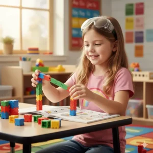 A collection of colorful MathLink or Unifix cubes used to teach basic math concepts and patterning, a valuable math STEM toy for 6 year olds.