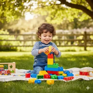 Brightly colored Mega Bloks, one of the best construction toys for a 2-year-old boy to practice fine motor skills.