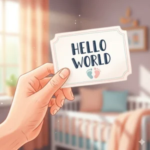 An illustration of a hand holding a milestone card that says "Hello World," representing the first major baby milestone.