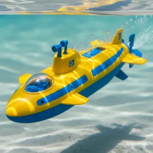 A close-up shot of a battery-powered toy submarine submerged in clear water, highlighting an advanced type of waterway toy.