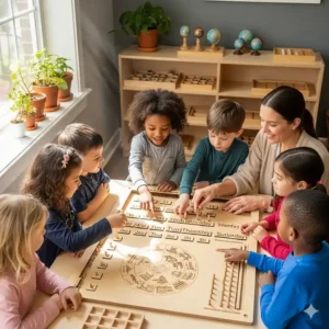 Children in a Montessori classroom eagerly learning about the days of the week using a large, wooden Montessori calendar.