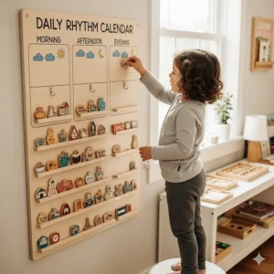 A visual representation of a child's daily rhythm, using a Montessori calendar to help them track their schedule and understand the flow of the day.