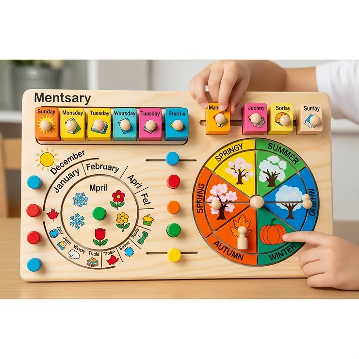 A colorful, hands-on Montessori calendar with movable parts, teaching children about days of the week, months, and seasons through interactive play.