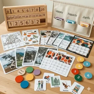A collection of different Montessori calendar materials, including wood, fabric, and laminated cards, showcasing various styles and designs.
