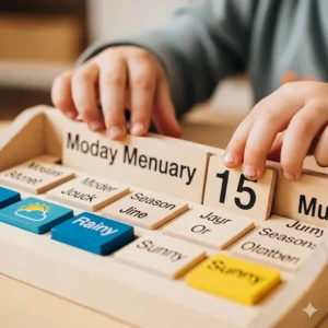 A close-up shot of a child's hands moving the wooden pieces on a Montessori calendar to mark the current date, a key feature of the Montessori method.