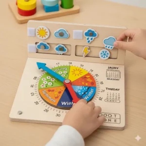 An interactive component of a Montessori calendar, allowing children to learn about and change the weather and seasons, like summer or autumn.