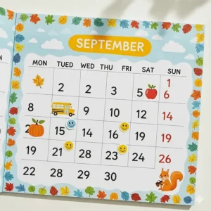 A close-up view of a monthly page on a children's calendar, featuring large, easy-to-read numbers and themed illustrations for each month.
