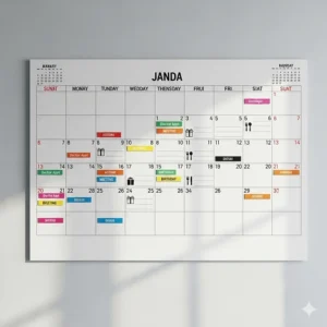 An organized monthly overview on a large magnetic calendar, perfect for seeing a full month's appointments and events at a glance.