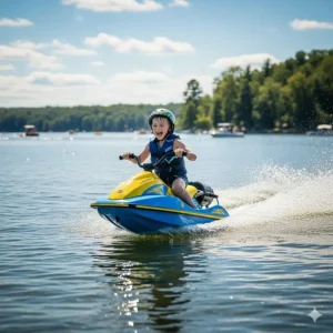 A child joyfully zipping around on a small, motorized personal watercraft, showcasing an exciting type of lake toy for kids.