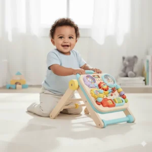 A playful child pushing a multi-functional ride-on toy that also serves as a secure infant walking toy.
