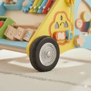 Close-up of non-slip, speed-controlled wheels on quality walking toys to ensure safety for babies on various floor surfaces.