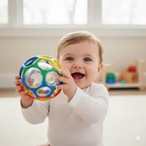 A classic O-ball rattle toy with large holes for a 7-month-old to easily hold, shake, and roll.