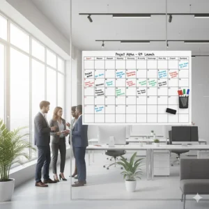 A magnetic dry erase calendar mounted on an office whiteboard, used for tracking project deadlines and team schedules in a professional setting.