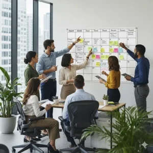 A professional team collaborates on a large whiteboard-style magnetic calendar to track project deadlines and meeting schedules in a modern office space.