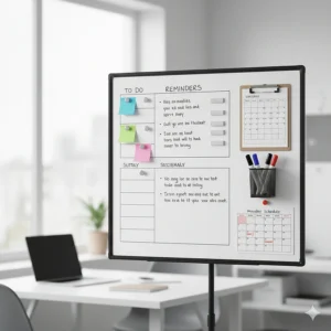 A clean, organized office whiteboard with dry erase board magnets securing important notes and reminders for a busy workday.