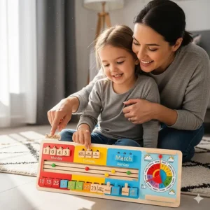 A parent and child smiling as they work together, using a colorful Montessori calendar to learn about the days, months, and passing of time.