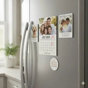 A close-up shot of a personalized photo calendar magnet on a refrigerator, featuring a family photo and a customized design for the year. This calendar magnet is a perfect custom gift and a functional piece of home decor.