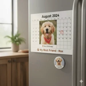 A personalized calendar magnet featuring a beloved pet's photo. This custom calendar is a great way to display pet memories and stay organized.