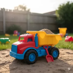 Durable plastic construction semi truck toy with a dump trailer attachment, designed for rough outdoor play.