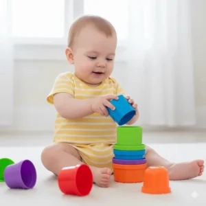 Colorful nesting and stacking cups, perfect developmental toys for a 7-month-old to practice putting in and taking out.