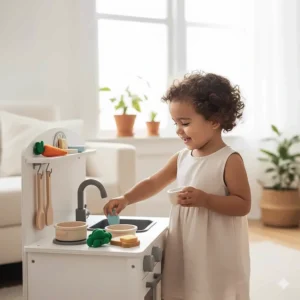 A little girl engaging in pretend play with a small, accessible play kitchen set, one of the best imaginative play toys for toddlers.