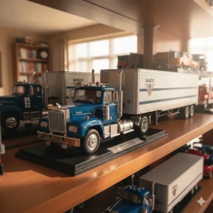 Detailed model of a popular brand like a Mack toy semi truck on a collector's shelf, appealing to adult enthusiasts.