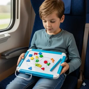 A child holding a small, portable magnetic board, perfect for travel and on-the-go fun.