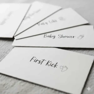 A close-up shot of pregnancy milestone cards, including one for "First Kick" and another for "Baby Shower."