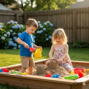 Preschoolers are busy making sandcastles with shovels and buckets in a backyard sandbox, a great sensory outdoor toy for 3-4 year olds.