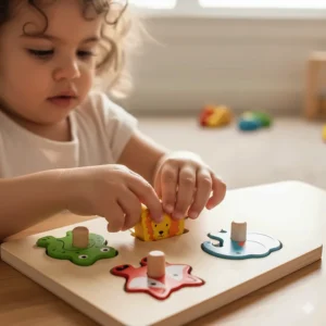 Close-up of small hands manipulating a chunky peg puzzle toy, perfect for boosting the fine motor skills of a 2 year old girl.