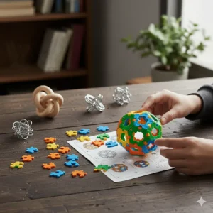 A flat lay of a difficult 3D puzzle or brain teaser puzzle, ideal mental stimulation as toys for teenagers.