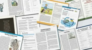 A collage of diverse examples of reading comprehension exercises from various workbooks.