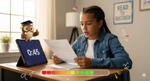 A visual representation of a reading fluency challenge where a fifth grader is timed while reading a passage, with a progress bar and a fun, competitive theme.