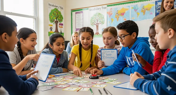 A group of diverse fifth-graders excitedly participating in a classroom reading game, focusing on comprehension and vocabulary. reading games for 5th grade